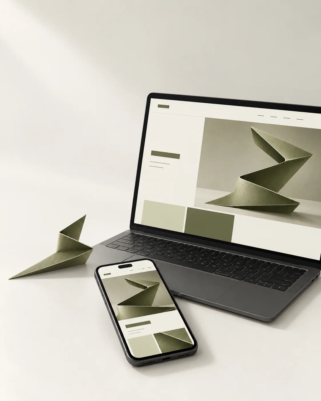 Notebook a telefon s ukázkou webu DraftlaneStudio.